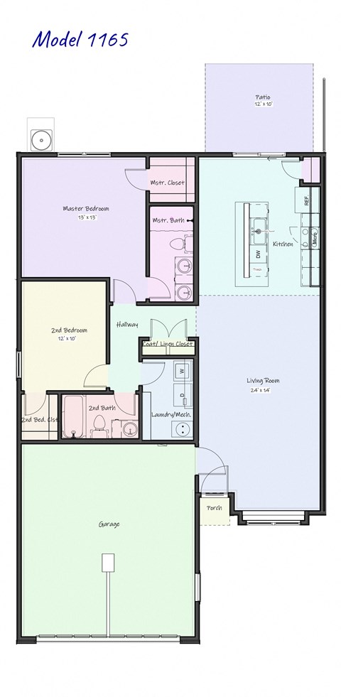 Floor plan for 2 beds, 2 baths, 1165 sqft